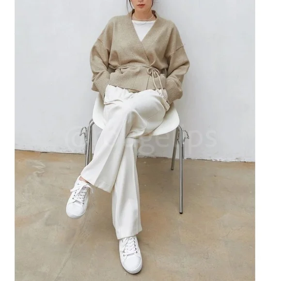 Oatmeal Beige Knit Kimono Sweater Tie Belt Boxy Loose Fit Drop Shoulder Wrap - Picture 6 of 12